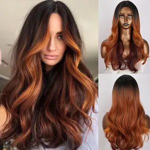 SMILCO/24Inch Highlight Burgundy with Orange Medium Curly Synthetic Wig/SM375