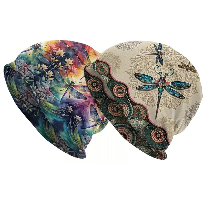 Women's 2-Pcs Knitted Slouchy Beanie - Floral Motif Caps with Designs, Breathable Knit Cute Beanie Hat for Autumn-Spring, Lightweight Comfortable Chemo Caps for Cancer Patients