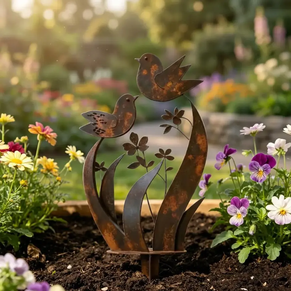Rusty Patina Steel Bird Garden Stake - Metal Silhouette Sculpture, Landscaping Decor, Decorative Gardening-Themed Statues for Lawn Backyard, Flower Pot Ornament, Craft Gift for Bird Lovers (Home Improvement Garden Supplies)