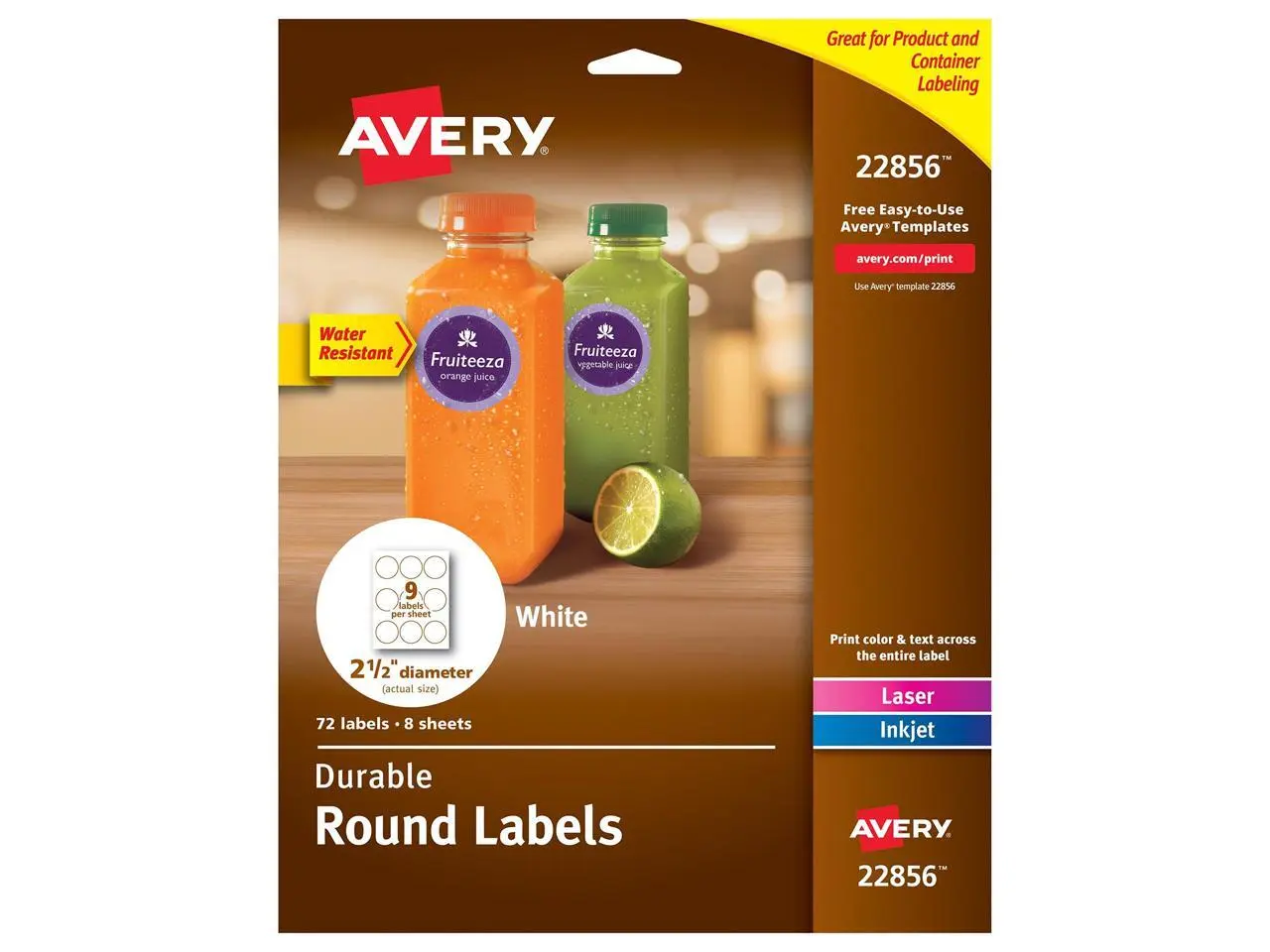 Avery Printable Waterproof Round Labels with Sure Feed, 2.5" Diameter, White, 72 Customizable Labels (22856)