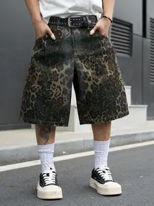 Men's Retro Leopard Print Denim Jeans Shorts, Summer Streetwear Loose Fit Wide Leg Pants, Trendy Fashion Lazy Style Short Pants, Streetwear Bottom
