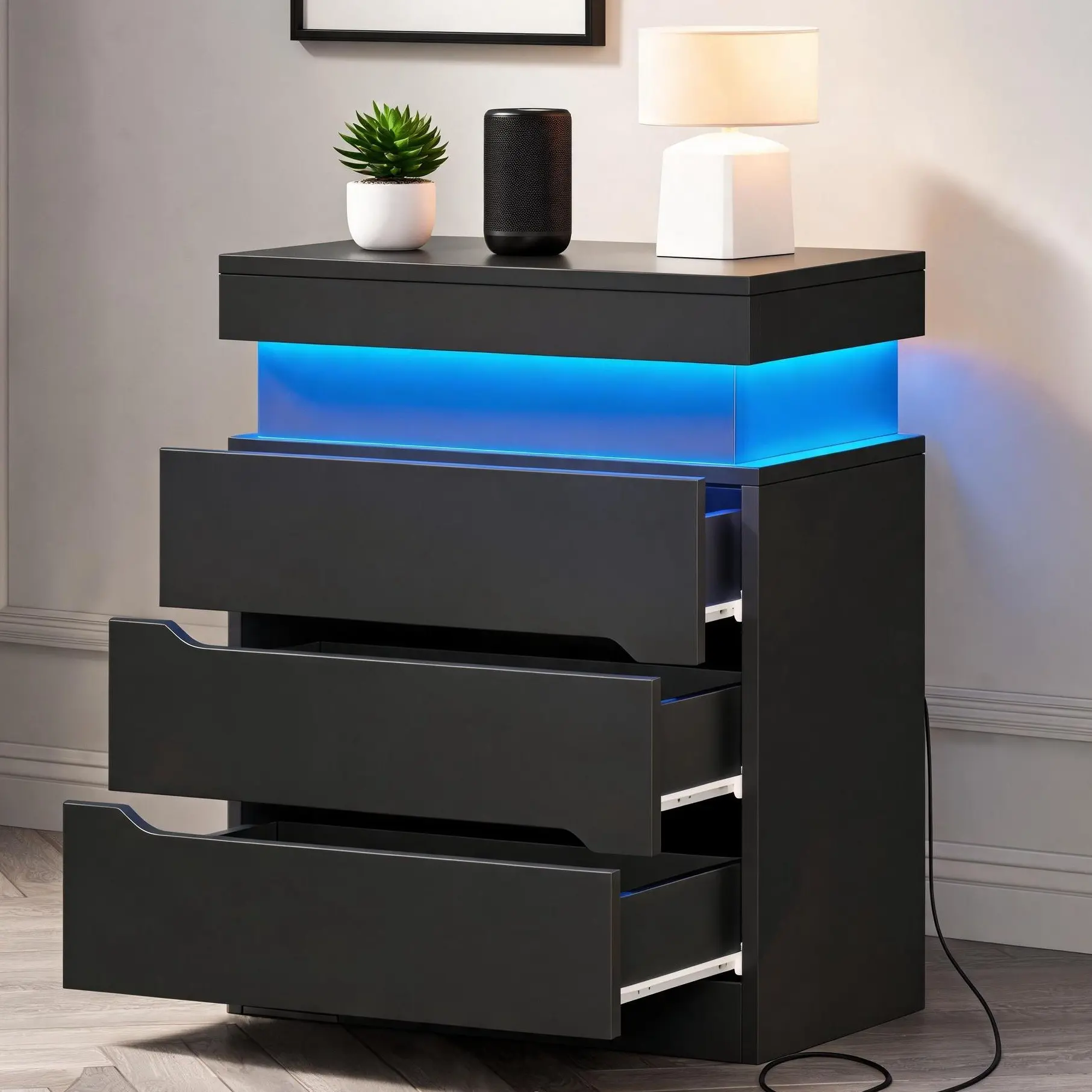 3-Drawer RGB LED Dresser for Bedroom, Modern Chest of Drawers with Sliding Hidden Top Storage, Recessed Handles and Anti-Tip Device, Versatile Nightstand Cabinet for Game Room