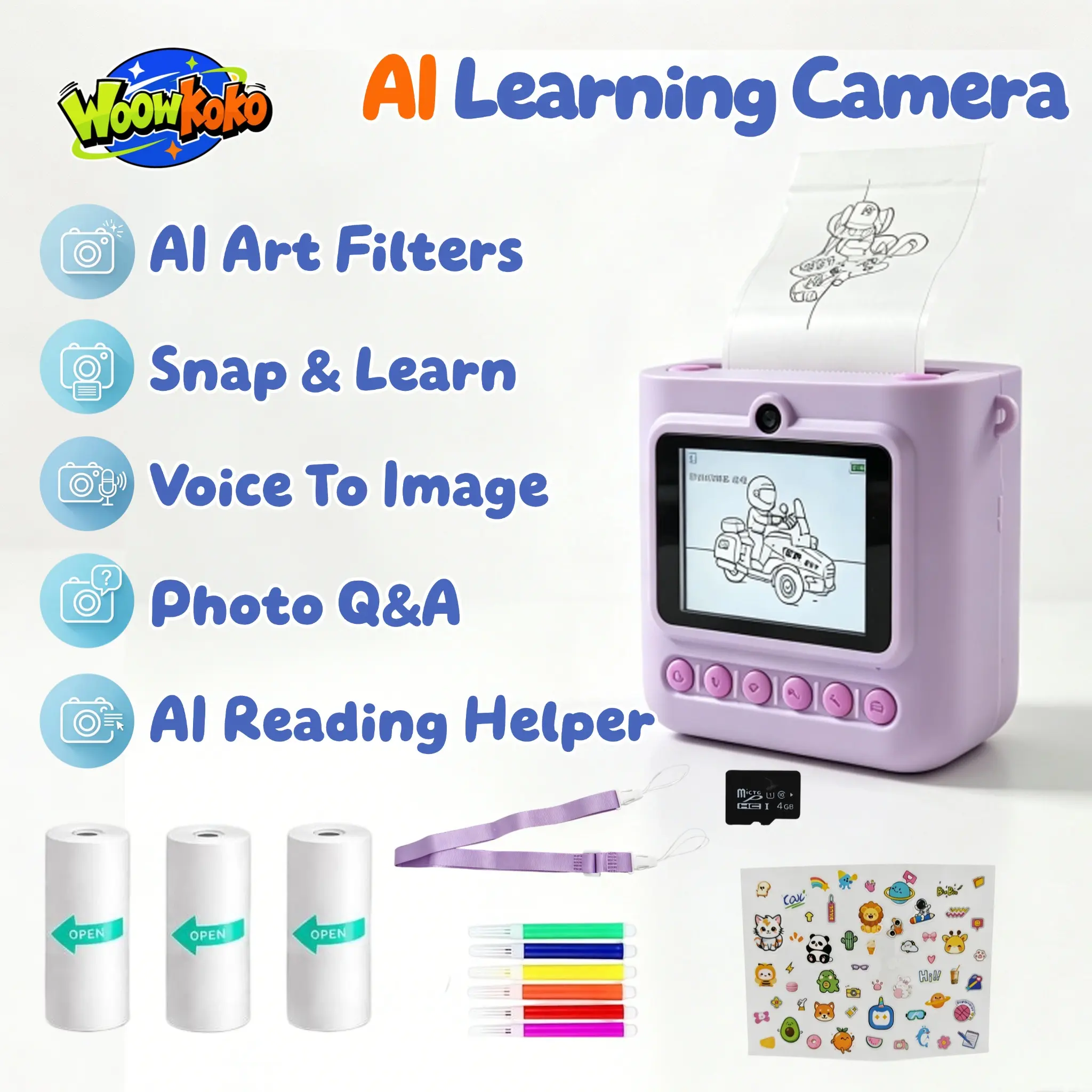 WOOWKOKO AI Camera for Kids — Interactive Learning Toy with Object Recognition, Q&A, Snap-to-Read with Audio, Voice-to-Print, 11 Art Filters & Instant Sticker Printer — Perfect for Ages 3+