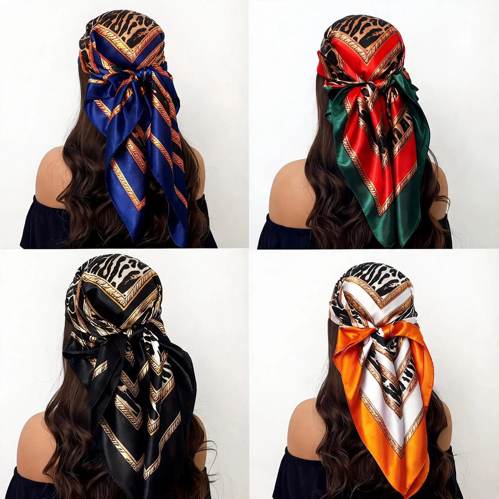Satin Headscarf for Women, 4-Pack Large 35-Inch Square Scarf with Colorful Prints, Silk-Like Fashion Hair & Neck Wrap, Fashion Headscarf, Neck Scarf Shawl Wrap, Square Head Scarf, Satin Hair Scarf