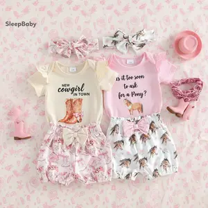 Baby Girl's 3-Piece Cowgirl Outfit, Casual Cotton Blend Short Sleeve Romper with Shorts and Headband, Clothes