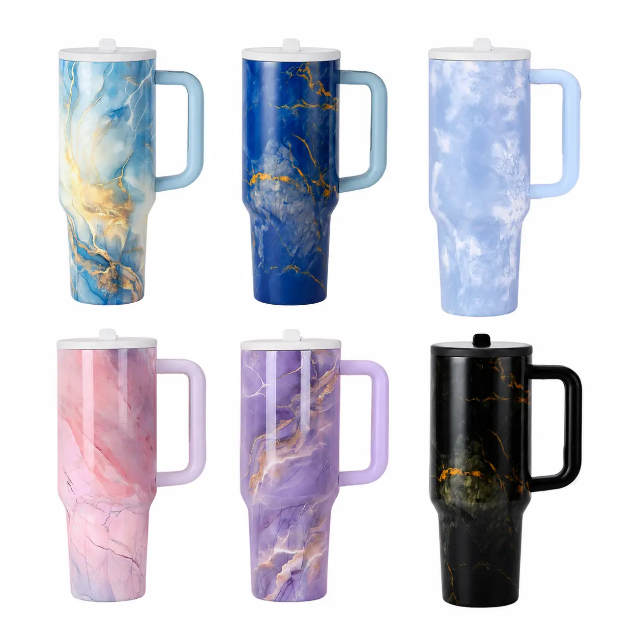 40oz (500-1,000 ml) Stainless Steel Insulated Tumbler with Handle & Straw, Leak-Resistant Double Wall Vacuum Travel Mug, Anti-Drop Marble Tie-Dye Flask for Coffee Lovers, Fits Car Cup Holder