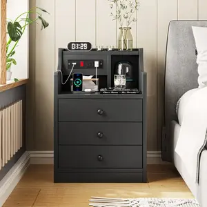 Sikaic Nightstand With Charging Station Hutch & Storage Drawers Bedside Table Cabinet Modern Bedside Table