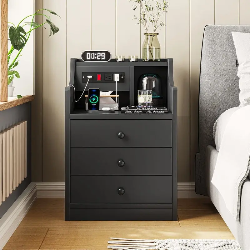 Sikaic Black Nightstand with Charging Station, Modern Bedside Table with Hutch, 3 Storage Drawers & Open Shelf, End Table for Bedroom, Home Furniture, Dorm Essentials [tiktokshopbacktoschool]
