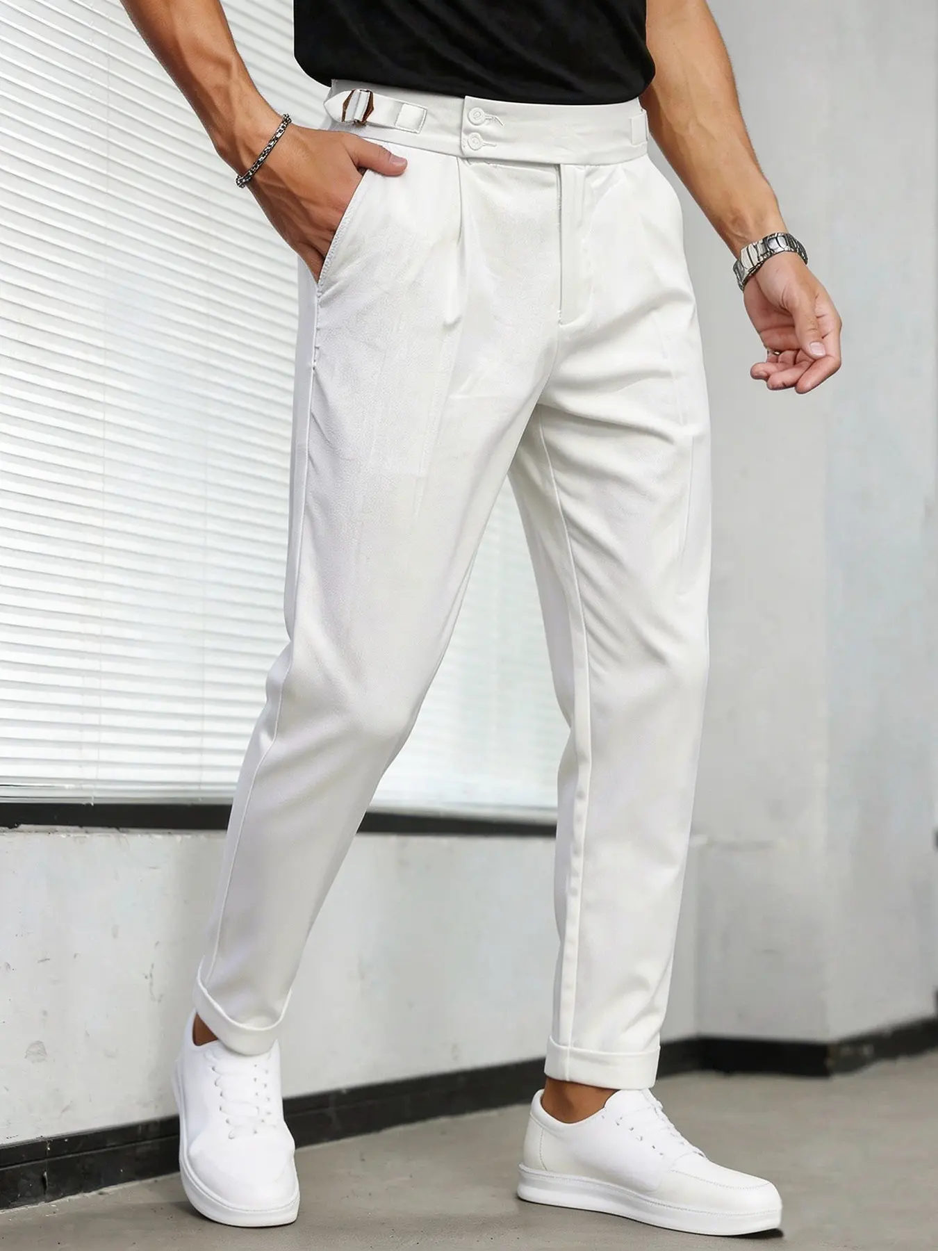 Men's Casual Slim-Fit Trousers, Pocket, Napoli Waist Conical Pants, Casual Fitted Cut, Wrinkle-Resistant, Breathable, Business/date/daily Wear, All Seasons, Menswear