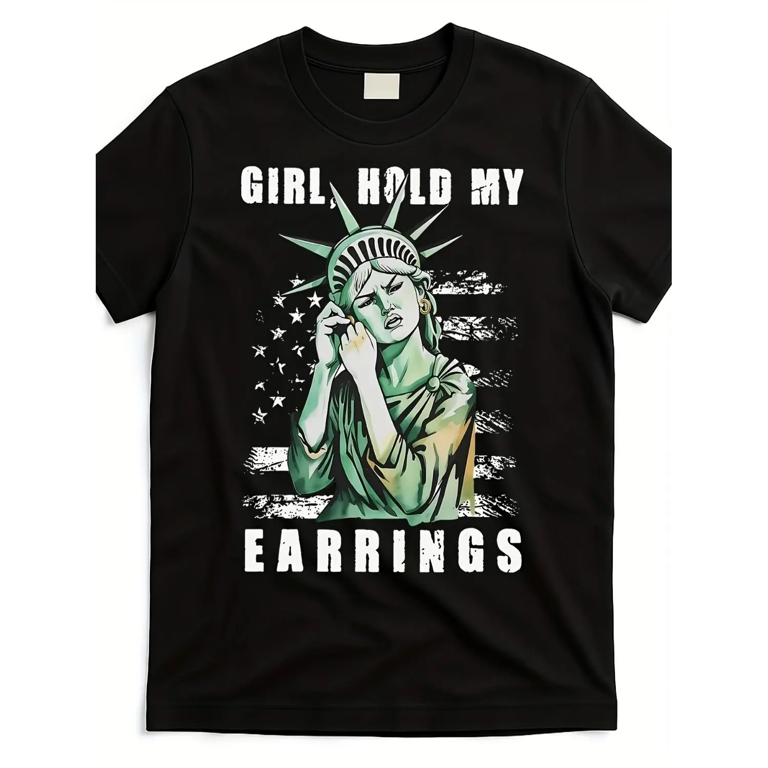 Men's & Women's Retro 3D Printed USA Flag Cotton T-shirt Featuring Statue of Liberty & "Hold My Earrings" Graphics 220GSM Comfortable Round Neck Short Sleeve Casual Tee Unisex All-Season Matching Couples Apparel