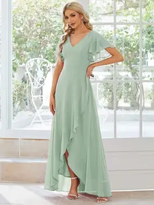 Ever-Pretty  Valentine dress Spring Dress Elegant Minimalist V Neck Chiffon Bridesmaid Dress with Lotus Leaf Hemline & Flattering Fit for Women's Wear,Formal dress , 01749
