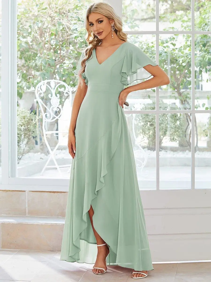 Ever-Pretty  Spring Dress Elegant Minimalist V Neck Chiffon Bridesmaid Dress with Lotus Leaf Hemline & Flattering Fit for Women's Wear,Formal dress , 01749