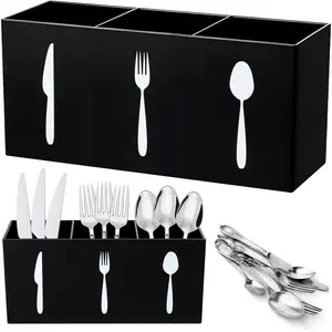 Cutlery Storage Organizer Bin Silverware  Countertop  Spoon and Fork Holder Kitchen 3 Section Tableware Storage Box for Cabinet Indoor Home Flatware Dining Room (Black,M)