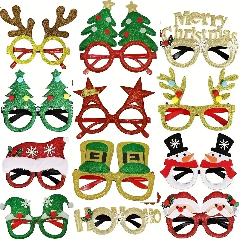 12pcs Christmas Novelty Costume Eyeglasses - Party Supplies Accessories, Santa, Reindeer, Tree, Snowman Designs, Photo Booth Props for Christmas Holiday Decor