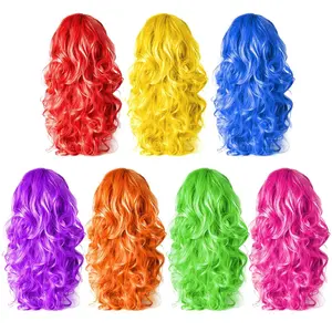 FEPITO 7 Pieces Colorful Long Curly Wigs for Women Polyethylene Plastic Material Wavy Hair Wigs for Cosplay Costume Party Décor 55cm Length, gift