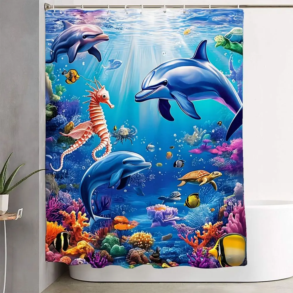 1/4pcs Vibrant Underwater Ocean-Themed Bathroom Decor Set - Colorful Tropical Fish, Coral Reef, Seahorse, Sea Turtle & Dolphins Shower Curtain, Toilet Lid Cover, Contour Rug & Bath Mat for a Refreshing Coastal Retreat