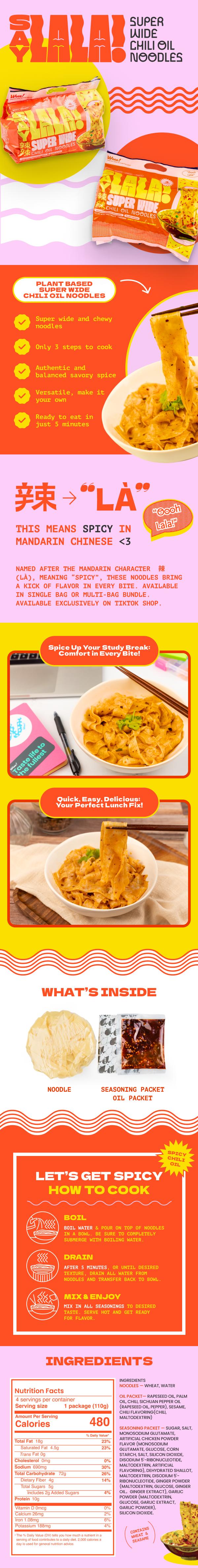 SAYLALA by Weee! Super Wide Chili Oil Noodles | Spicy Ramen Noodles | Instant Ramen - 440g (110g x 4, 4 servings) SAYLALA by Weee! Super Wide Chili Oil Noodles | Spicy Ramen Noodles | Instant Ramen - 440g (110g x 4, 4 servings)