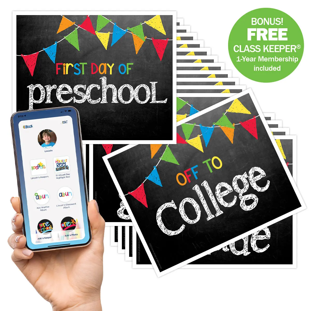 First & Last Day of School Signs Photo Prop Deck - 4 Design Options, 16 Grades Coverage, BONUS App Membership, Festive Backdrop for Preschool-Milestones-College Celebrations
