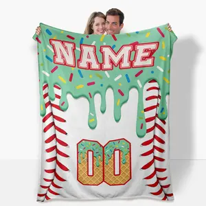 Custom Ice Cream Baseball Blanket - Personalized Kid's Name Cozy Chic Food Themed Letter Print Lightweight Machine Washable Throw for Baseball Lovers, Birthday/Christmas Gifts, Cozy Chic Blanket, Food Themed Blanket