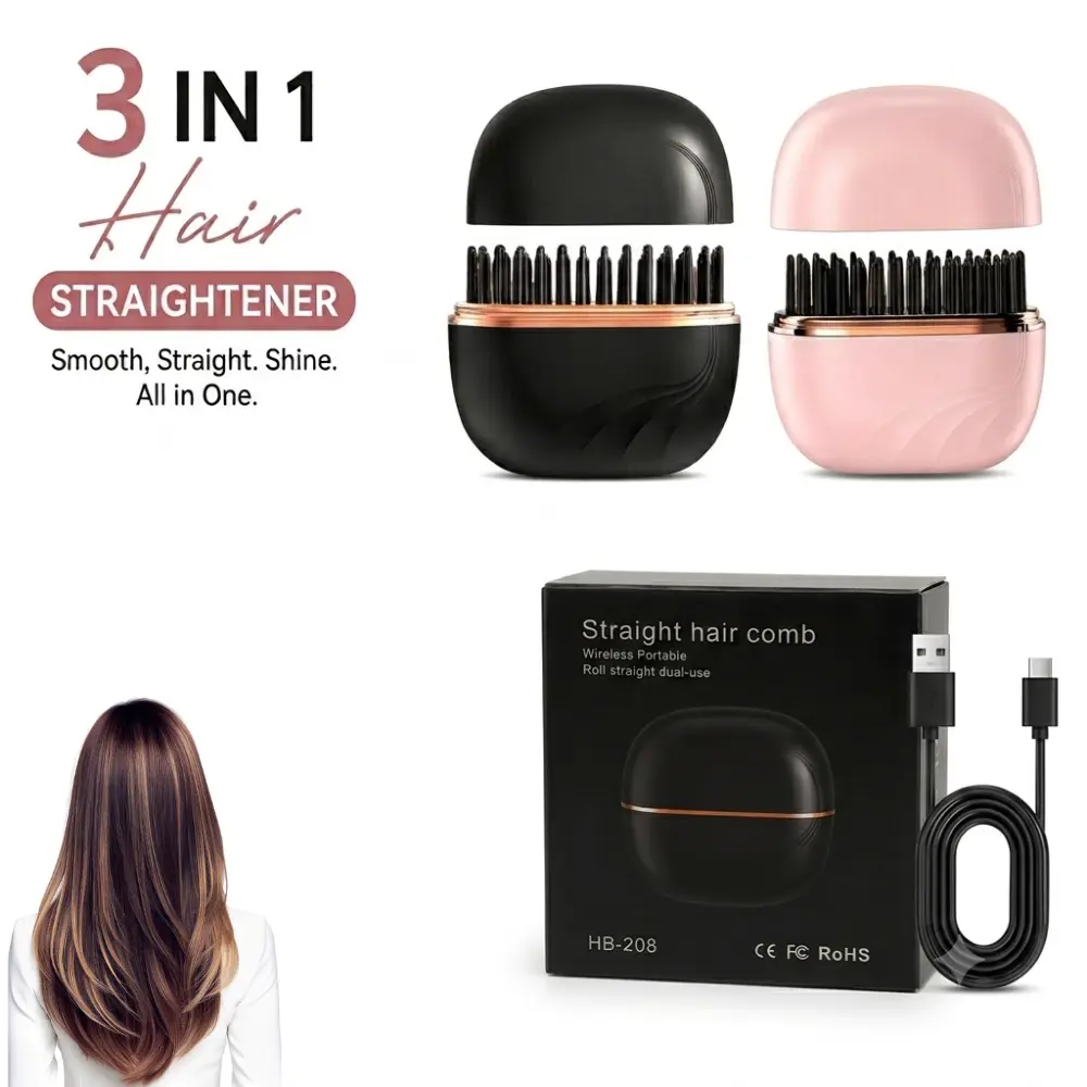 Portable Cordless Mini Hair Straightener Brush,3 -1 in Speed Temperature Control & Fast Heating , Rechargeable portable Hair Straightener Brush, Fast Heating Hot Comb for Home Travel Gift, Fast Styling for Straight Hair,