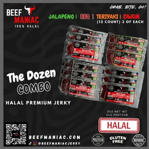 Halal Beef Jerky Dozen Combo by Beef Maniac | Natural Hardwood Smoked Premium Jerky Made in Michigan