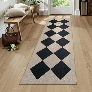 Checkered Easy Jute Outdoor Runner Rug, 2 x 6 Washable Runners for Hallways Woven Farmhouse Kitchen Runner Rug Non Slip, Geometric  Indoor Outdoors Carpet for Porch Entryway Backyard