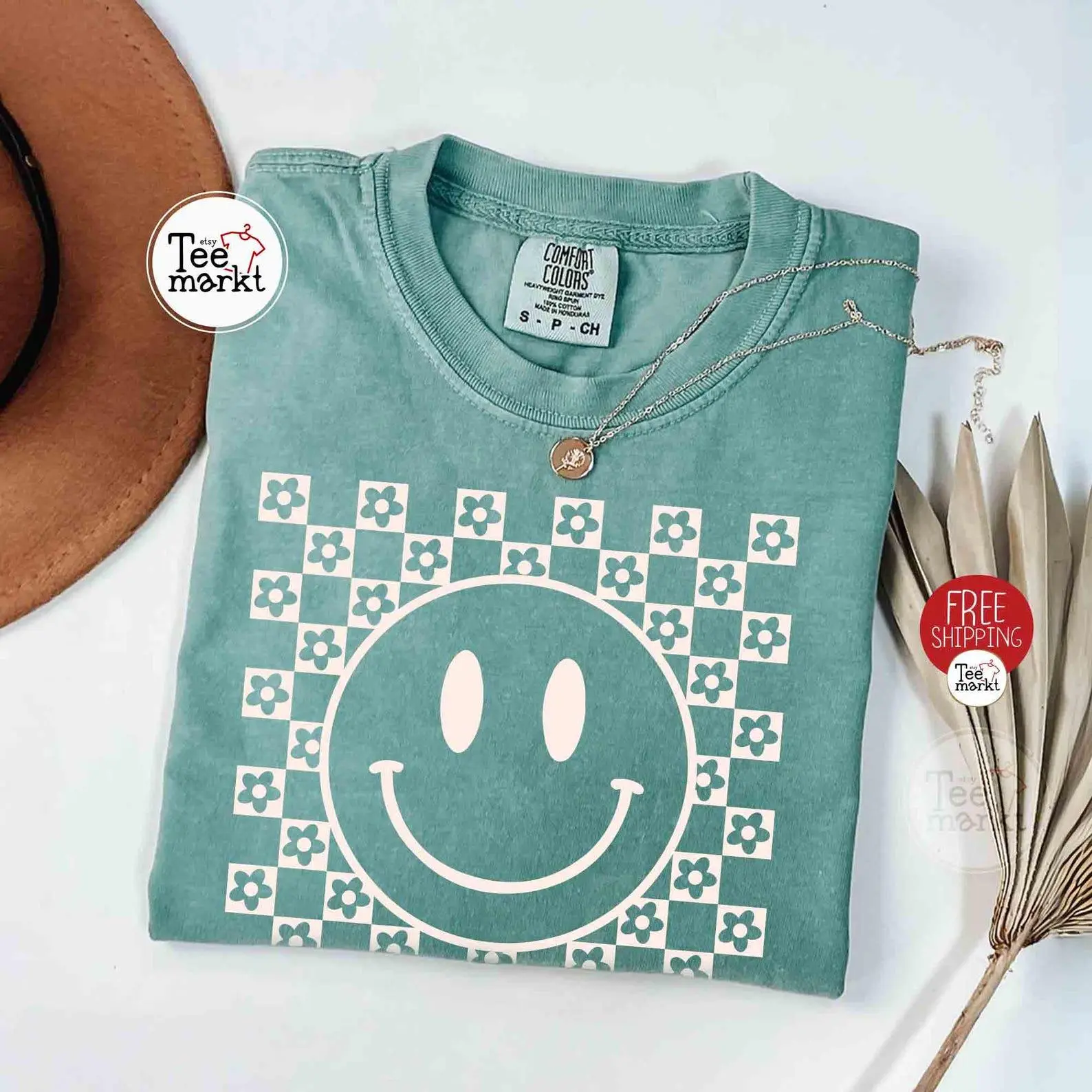 Smile Face Flowers T-shirt, Checkered pattern Comfort Colors® Happy face tee, Aesthetic flowers summer tshirt, Vintage Women Clothes gift