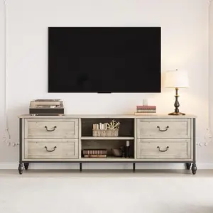 Gray 70 Inch Mid-Century Modern TV Stand with Storage Entertainment Center Featuring Metal Roman Columns and Drawer TV Console Table for Living Room - Rustic Grey