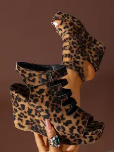 Vintage Leopard Print Wedge Sandals, Square Toe Buckle Hollow Out Waterproof Heel Shoes, Casual Above Ankle Women's Footwear