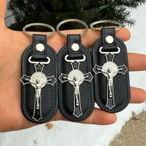 Jesus Cross Stainless Steel and Leather Keychain keychains collectible keychains