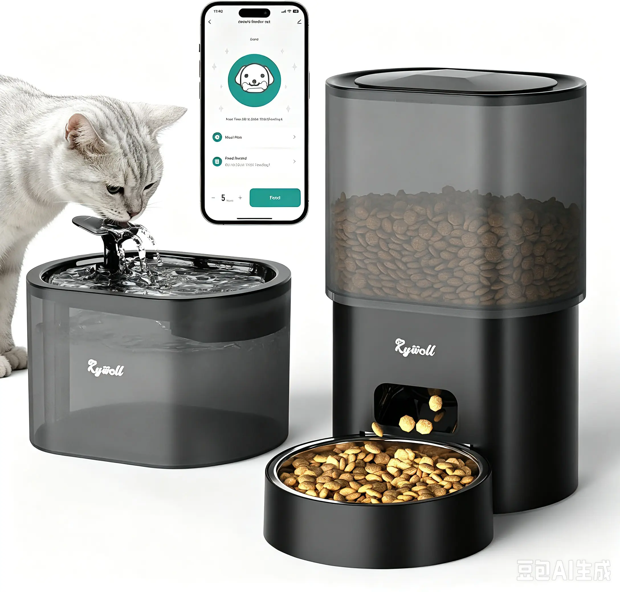 [Upgrade] Automatic Smart Cat Feeder and Water Fountain, 3L WiFi Timed Pet Food Dispenser and 2.5L Water Dispenser with APP for Cats and Dogs, Voice Recorder, Stainless Steel Bowl, Low Noise, Dual Power Supply catwaterfountain