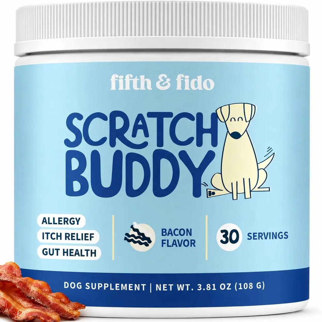 Fifth & Fido Scratch Buddy Dog Food Topper Powder - Turkey Tail, Probiotics, Turmeric, Quercetin, Krill Oil - Bacon-Flavored Daily Skin & Coat Supplement with Immune Response Boost - USA-Made, Limited Natural Ingredients, Boost Immune Response