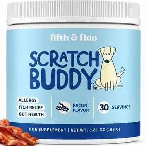 Fifth & Fido Scratch Buddy Dog Food Topper Powder - Turkey Tail, Probiotics, Turmeric, Quercetin, Krill Oil - Bacon-Flavored Daily Skin & Coat Supplement - USA-Made, Limited-Ingredient