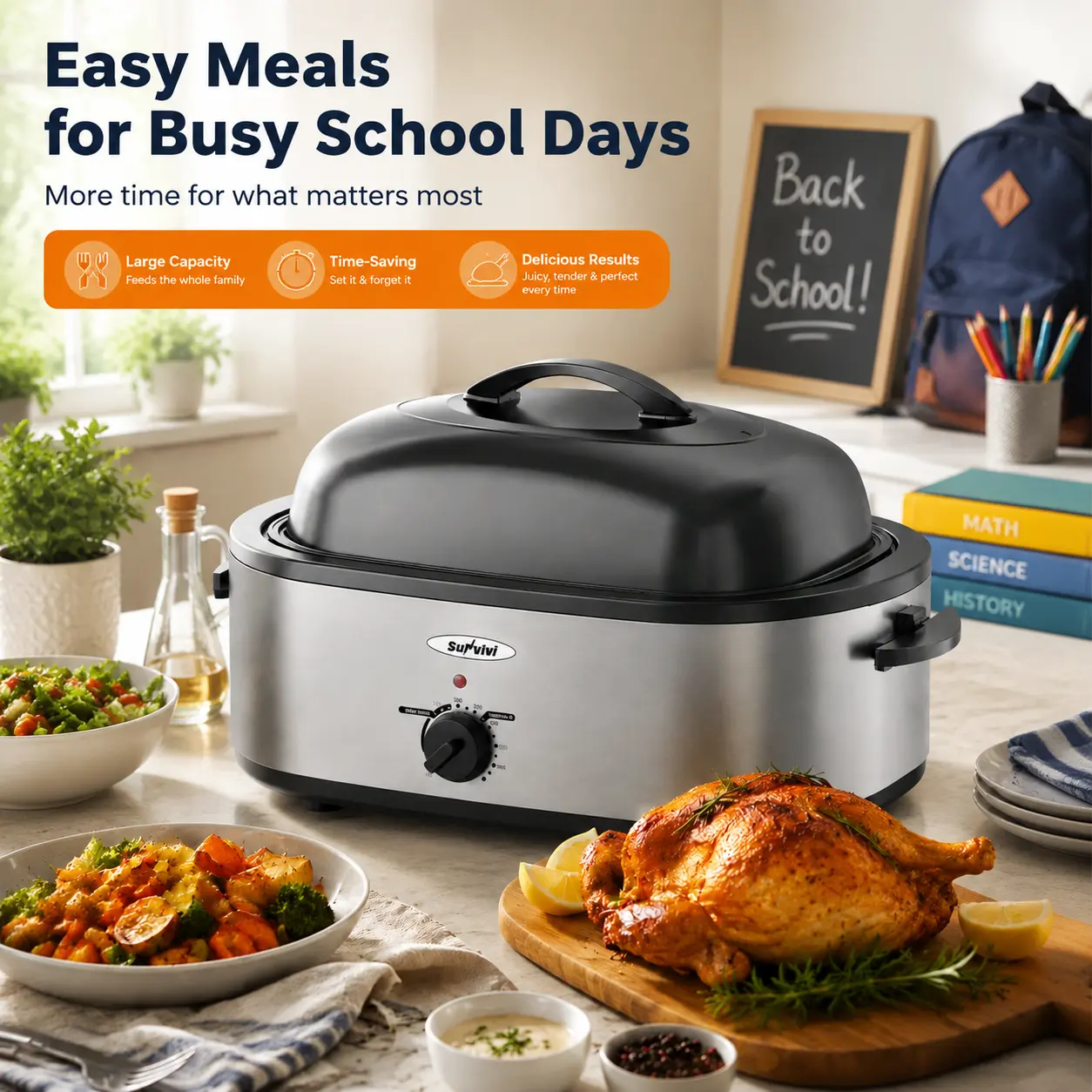 Sunvivi Roaster Oven with Self-Basting Lid, Electric Roaster with Removable Pan & Rack, Multi-Functional Chicken & Turkey Roaster with Defrost/Warm Function, Large Capacity Countertop Cooker, Time-Saving Kitchen Essential for Back to School Busy Family