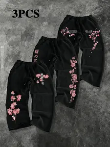 Men's Cherry Blossom Pattern Drawstring Straight Leg Casual Pants 3-Pack, Adjustable Waist, Suitable for Outdoor Sports and Fitness