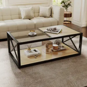 Eyisean 39.4" Modern Industrial Glass Coffee Table, Rectangle Coffee Tables with Tempered Glass & Rustic/Natural Wood Top, Storage Shelf & X-Frame Support, Durable Tea Table with for Living Room, Office
