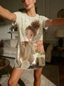 Vintage Bear Coffee Girl Print Short Sleeve Round Neck Sleepwear, Lady, Homewear, Loungewear, Casual Loose-Fitting Homeewear for All Seasons, Women's Pajamas