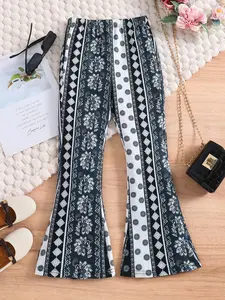 Girl's Ethnic Pattern Flare Leg Pants, Boho Casual Elastic Waist Bell Bottom Trousers for Daily Wear, Kids Clothing for Fall & Winter