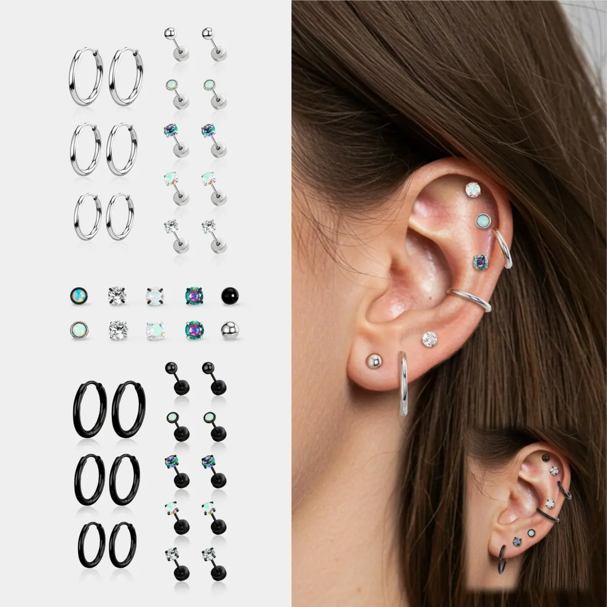 OUFER Body Jewelry Unisex 16G 16PCS Costume Earrings Set - Cubic Zirconia Marquise Hoop, Stud, Double Stacked Earrings for Ear Stack, Helix Piercing, Daily Styling, Stud Earrings