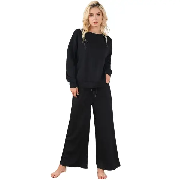 Textured Long Sleeve Top and Drawstring Pants Set Womenswear