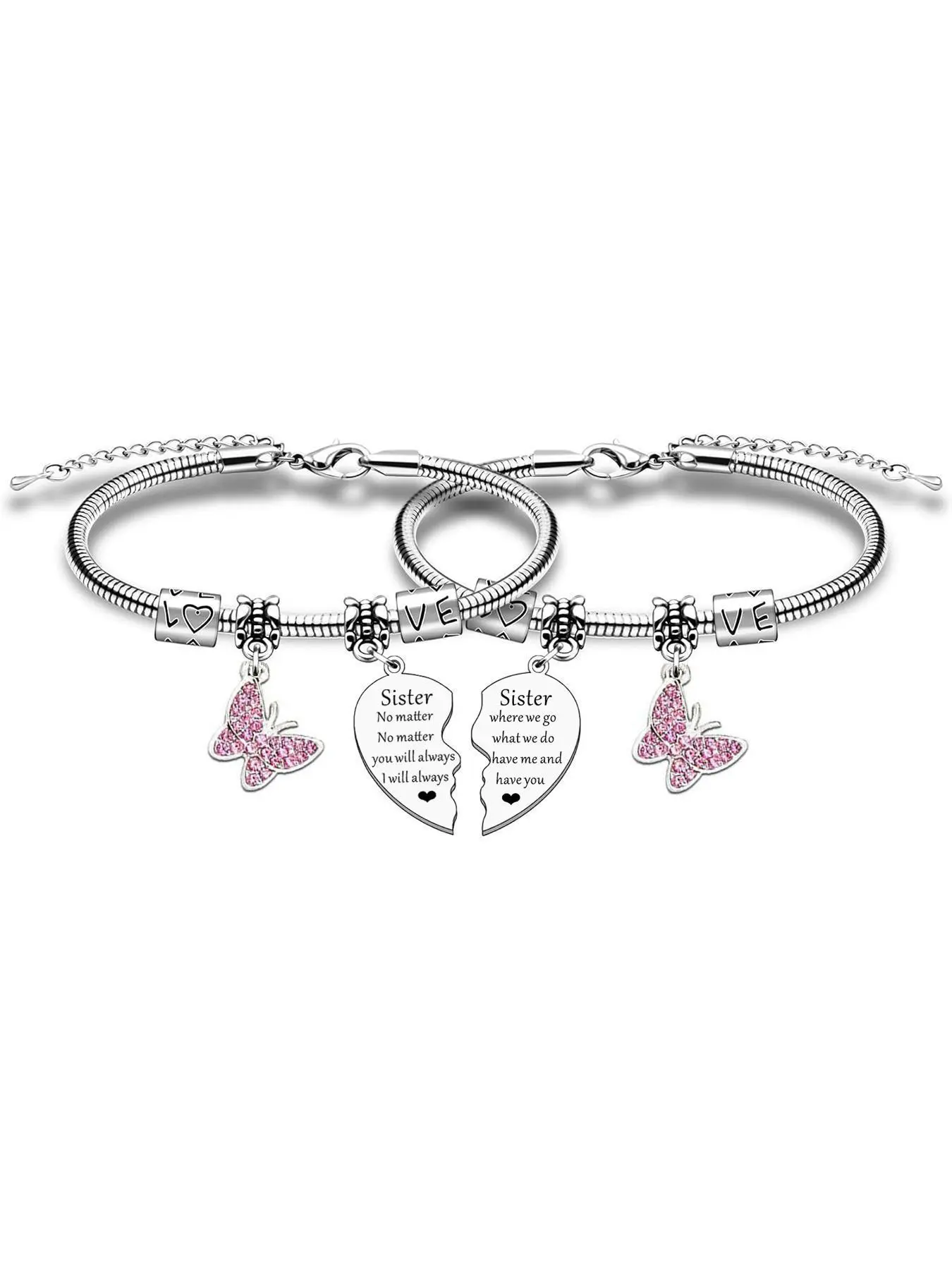Sisters Heart Charm Decor Bracelet, Heart Shaped Bracelet, Rhinestone Decor Butterfly design Bracelet Bundle, Fashionable Bracelet Style for Women & Girls, Fashion Jewelry for Party, Daily Clothing Decor, Birthday Gift