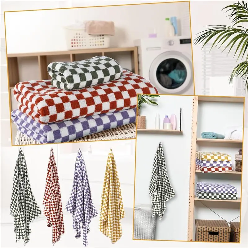 Peryiter 8 Pcs Checkered Bath Towels Set 4 Pcs 13.78" x 29.53" Checkered Face Hand and 4 Pcs 27.56" x 55.12" Shower Bath Towels Absorbent Soft Cute for Bathroom Spa Gym Kitchen