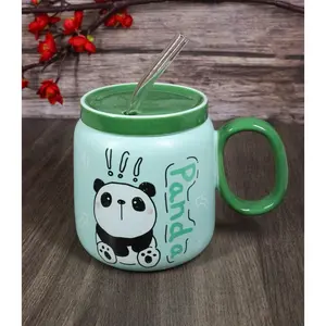 Whimsical Anime Green Giant Panda 16oz Ceramic Mug Cup With Lid And Glass Straw