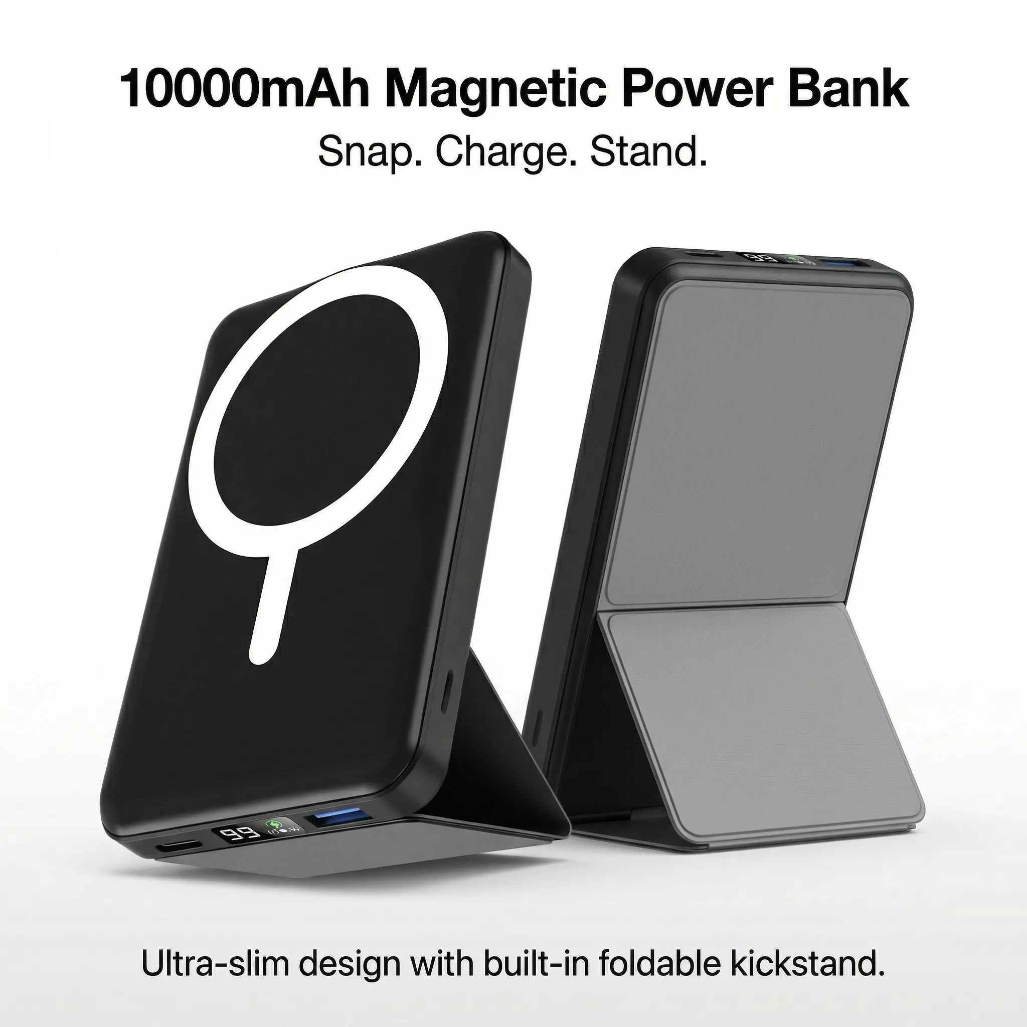 Podoru 10000mAh Portable Magnetic Wireless Charger Battery Power Bank - MagSafe-Compatible Silicone Phone Accessory with Foldable Stand, 22.5W Fast Charging, Smart LED Display, Cable-Ready for iPhone 17/16/15/14/13/12 Series, On-the-Road Travel Essential
