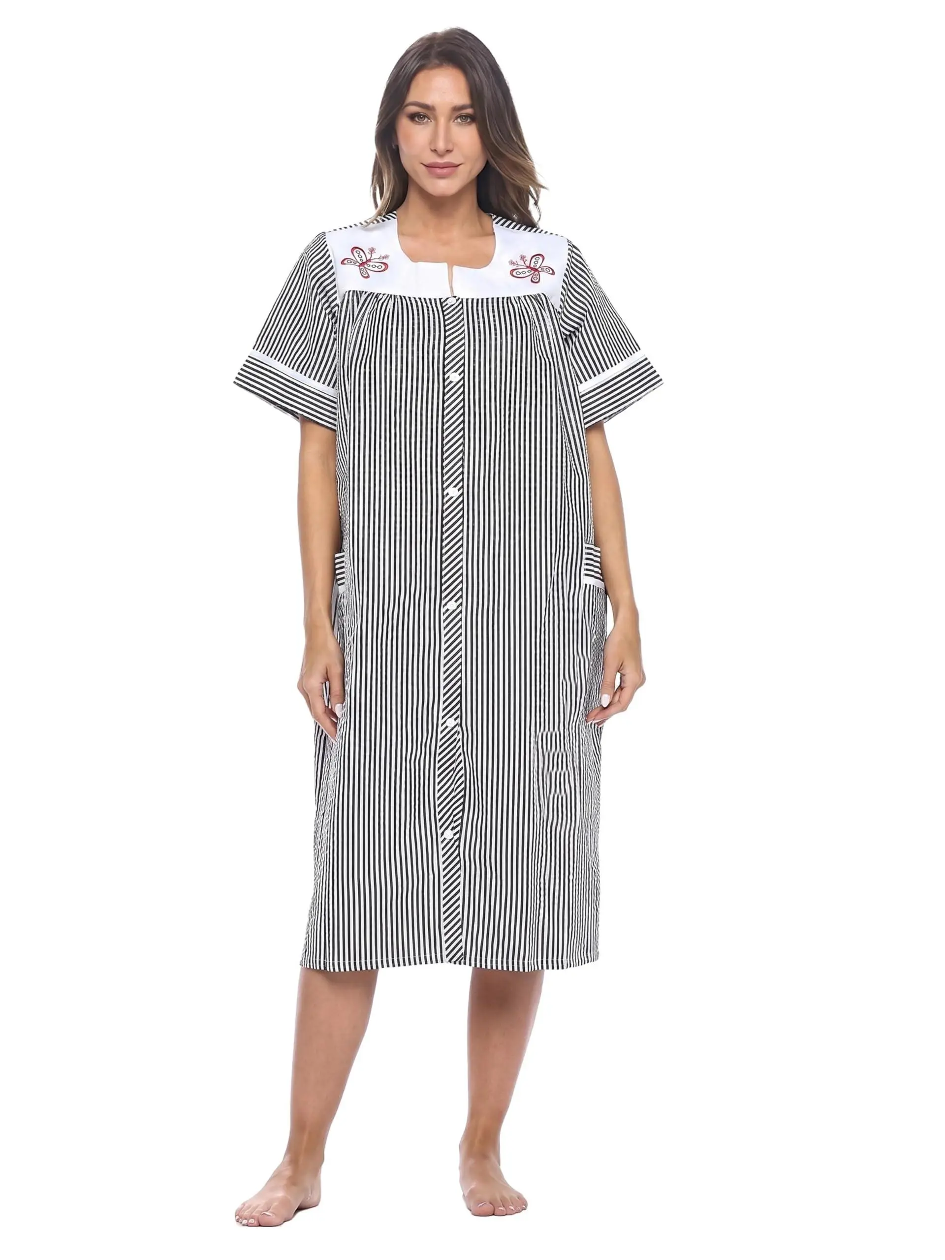 Casual Nights - Snap Front Lightweight Housecoats for women | House Dresses With Pockets | Women's Short Sleeve Duster | Lounging & Post-Surgery Wear | Cotton Poly Knit, Mid Calf