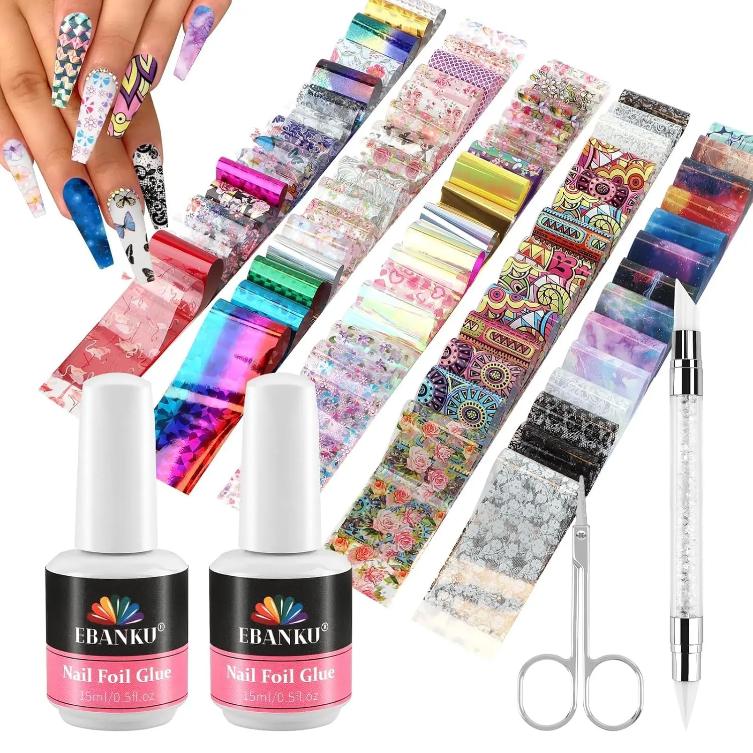 Ebanku 80pcs Nail Art Foil Set with 30ML Gel Polish, Starry Flower Transfer Stickers, Nail Art Tools, Salon Home Use, No Lamp Needed