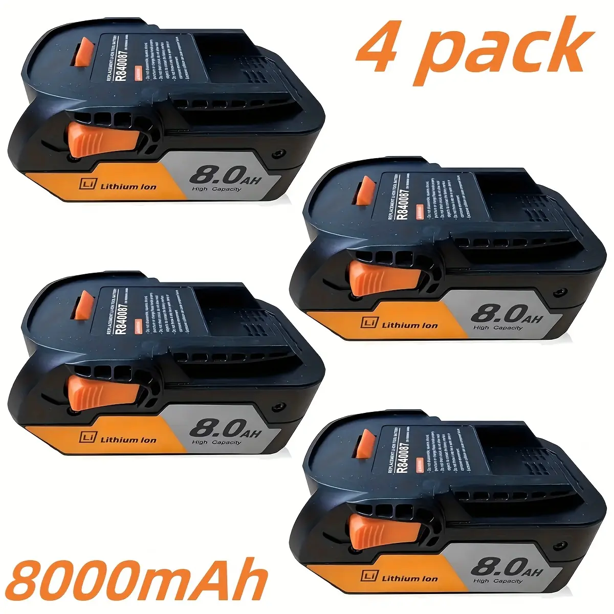18V 8.0 Ah Capacity Lithium Ion Batteries (2-Pack/4-Pack) - High-Quality Power Tool Accessories for RIDGID 18V R840083 Series, R840085, R840086, R840087, R840089, AC840085, AC840086, AC840087P, AC840089 Cordless Power Tools