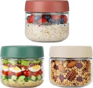 3Pack Overnight Oats Containers with Lids,10Oz Glass Jar with Scew Lid,Salad Dressing Fruit Veggies Sauce Snacks Meal Prep Food Containers,Spice Jars,Wide Mouth Storage Containers Povinmos