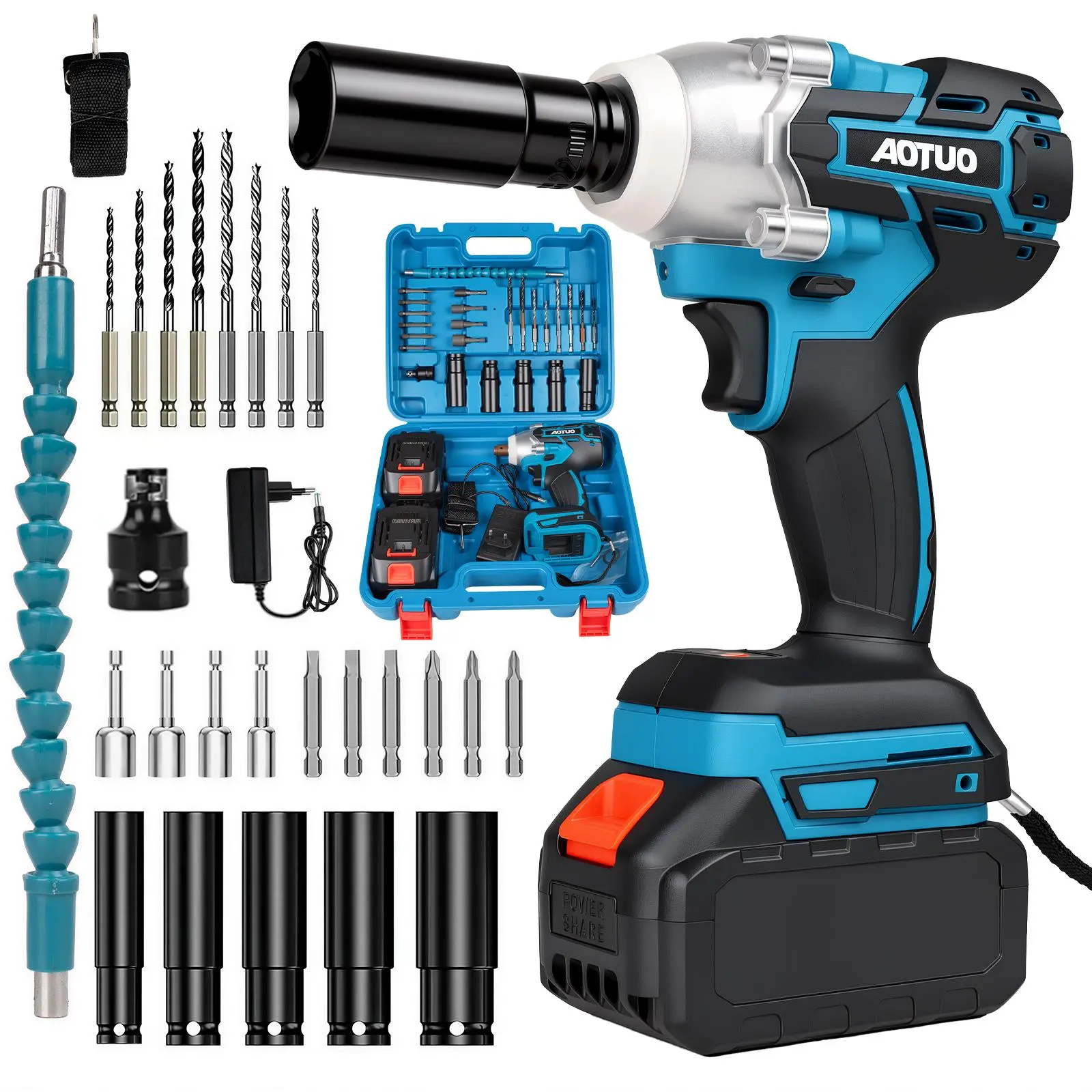 400N.m Brushless Cordless High Torque Impact Wrench Power Tool - 2-in-1 Drill/Driver Full Kit with Sockets, Drill Bits, Flexible Shaft, Batteries, Storage Case, Cars Accessories for Car Tire Lug Nut Removal, Woodworking, DIY Users