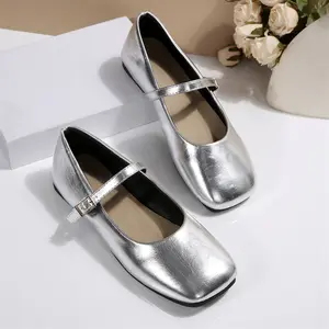 Women's Leather Flats Square Toe Buckle Strap Low Heel Casual Dress Indoor Outdoor Shoes